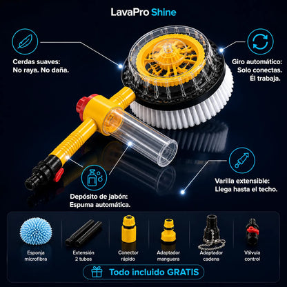 Infografía LavaPro Shine cepillo giratorio para lavar auto — cerdas suaves, giro automático, espuma automática, varilla extensible, accesorios incluidos gratis
