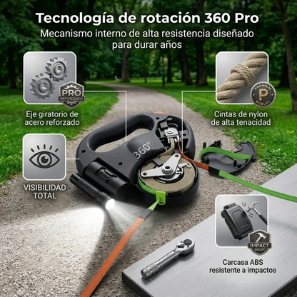 Paseo Pro 360: Correa Doble para Perro con Giro 360 y Linterna