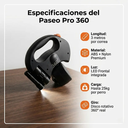 Paseo Pro 360: Correa Doble para Perro con Giro 360 y Linterna