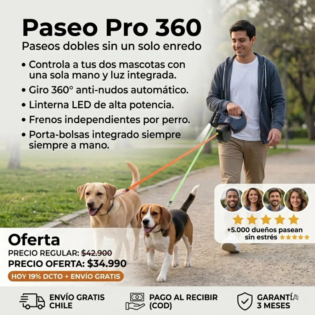 Paseo Pro 360: Correa Doble para Perro con Giro 360 y Linterna