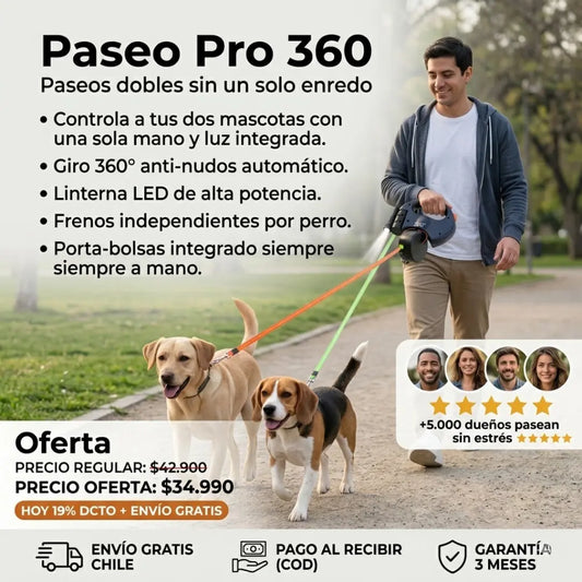 Paseo Pro 360: Correa Doble para Perro con Giro 360 y Linterna